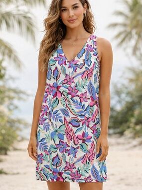 Caribbean Joe Tropical Print Sleeveless Shift Dress Sz M Vacation Packable Beach